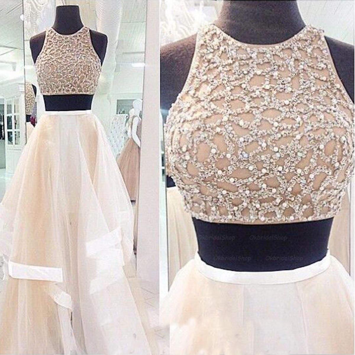 Charming Prom Dress,sexy 2 Piece Style Prom Dress,a-line Prom Dress,high Neck Prom Dress,tulle Prom Dress
