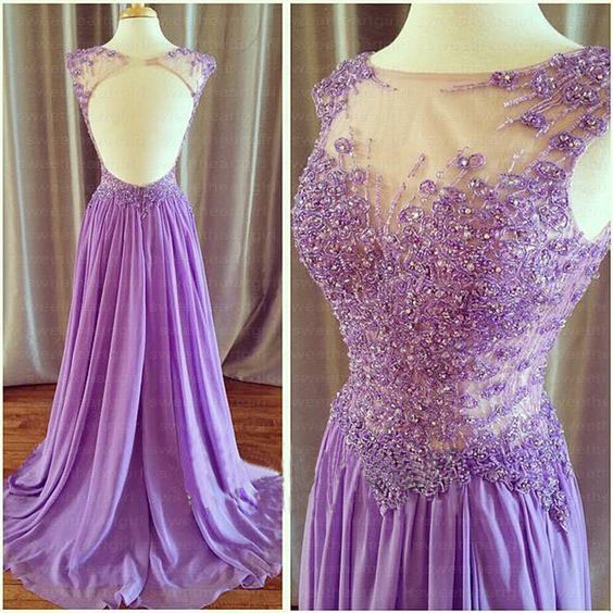 Lilac A-line Backless Beaded Appliques Long Prom Dresses, Formal Dress,evening Dress,long Party Homecoming Pageant Dress