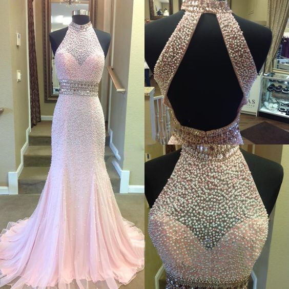 Gorgeous Pink Pearls Beaded Long Prom Dress ,halter Prom Dress ,open Back Prom Dress ,mermaid Prom Dress ,evening Dress,formal Dress ,plus Size