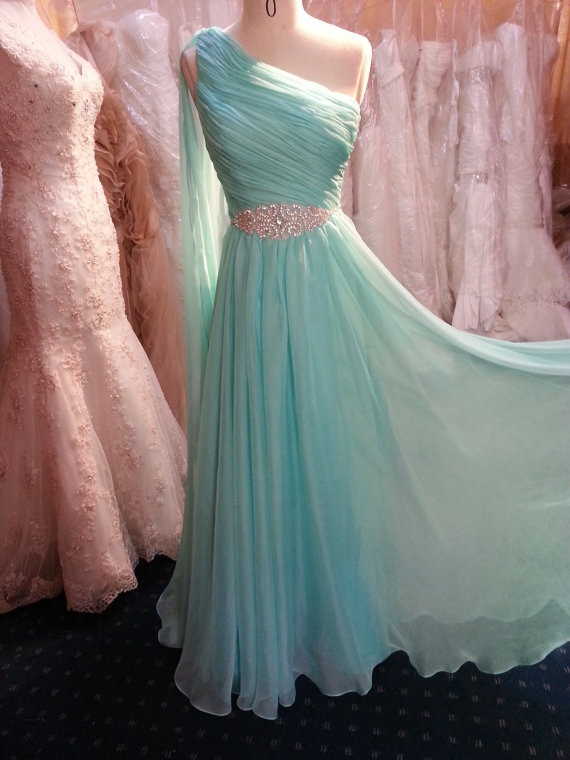 Pretty One Shoulder Mint Long Chiffon Prom Dress With Beadings, Long Prom Dresses, Prom Gowns, Evening Dresses, Bridesmaid Dress