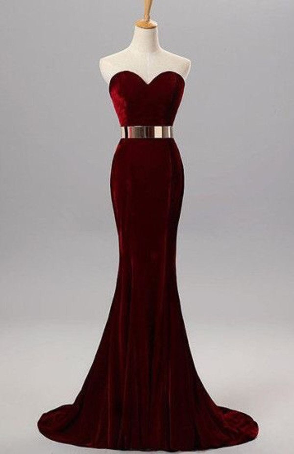 Burgundy Mermaid Sweetheart Evening Gowns With Belt Velvet Simple Formal Occasion Dress Prom Dresses Partydresses Bridesmaid