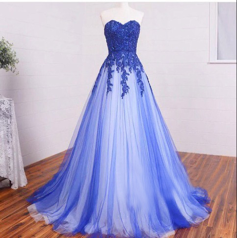 Sweetheart A-line Lace Tulle Long Prom Dresses, Formal Dresses, Blue Lace Long Prom Dress, Lace Evening Dress