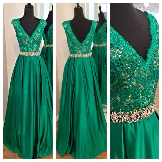 Elegant Formal Dress Green, Sexy Prom Dresses 2016, Prom Dress Lace Ball Gown With Satin Full Skirt, Green Prom Dresses, Sexy Black Prom Dress,
