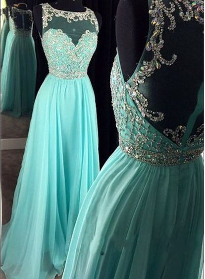 Beautiful Round Neck See-through Back Mint Chiffon Sequins Prom Dress, Homecoming Dress, Prom Dresses For Teens