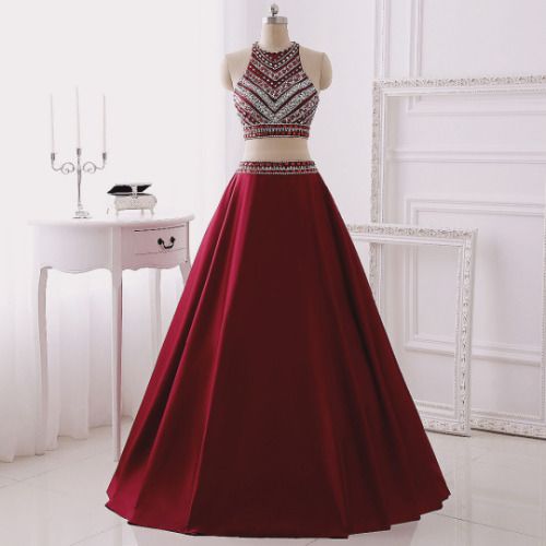 Real Made Two Pieces A-line Prom Dresses, Floor-length Evening Dresses,prom Dresses, 2 Piece Prom Dresses Red