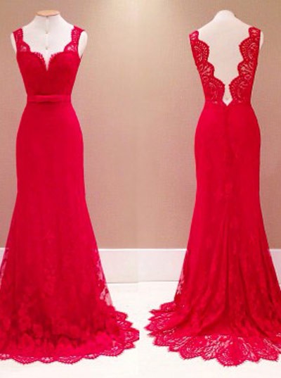 Elegant Mermaid Prom Dress, V-ncek Prom Dress, Long Prom Dress, Red Prom Dress, Backless Prom Dress, Lace Evening Dress