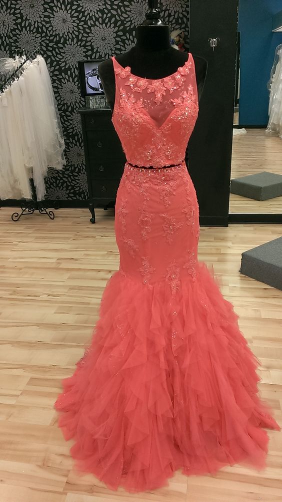 Sparkly Two Piece Prom Dress, Lace Prom Dress,2016 Prom Dress, Two Pieces Prom Dress, Mermaid Evening Gown, Keyhole Back Prom Dresses