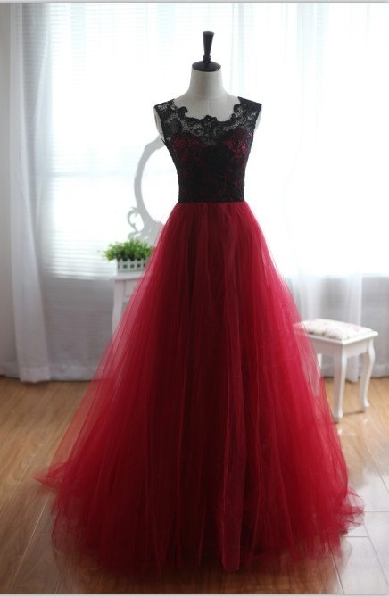 Pretty Handmade Tulle And Lace Burgundy Prom Dresses 2017, Burgundy Prom Dresses, Lace Prom Gown, Formal Dresses