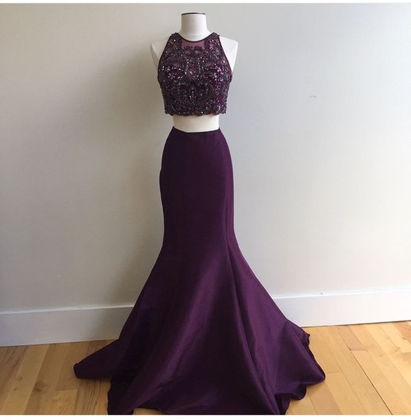 Charming Prom Dress,two Pieces Prom Dress,mermaid Prom Dress,satin Prom Dress,beading Evening Dress, Purple Prom Dresses