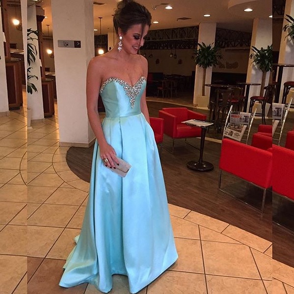 Beaded Embellished Blue Satin Sweetheart Floor Length A-line Prom Dress, Evening Dress