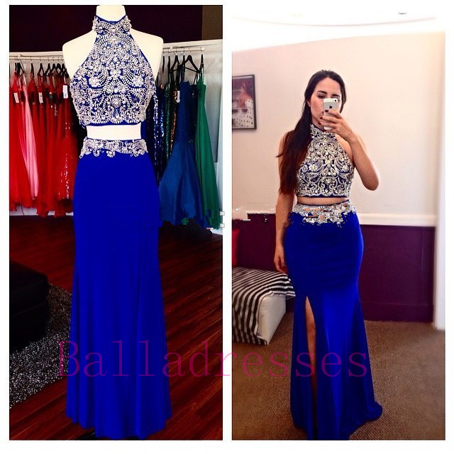 Royal Blue Prom Dresses,2 Piece Prom Gowns,2 Pieces Prom Dresses,sexy Party Dresses,long Prom Gown,chiffon Prom Dress,beaded Evening