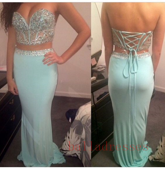 2 Piece Prom Gown,two Piece Prom Dresses,mint Evening Gowns,2 Pieces Party Dresses,evening Gowns,backless Formal Dress,sparkly Evening Gowns For