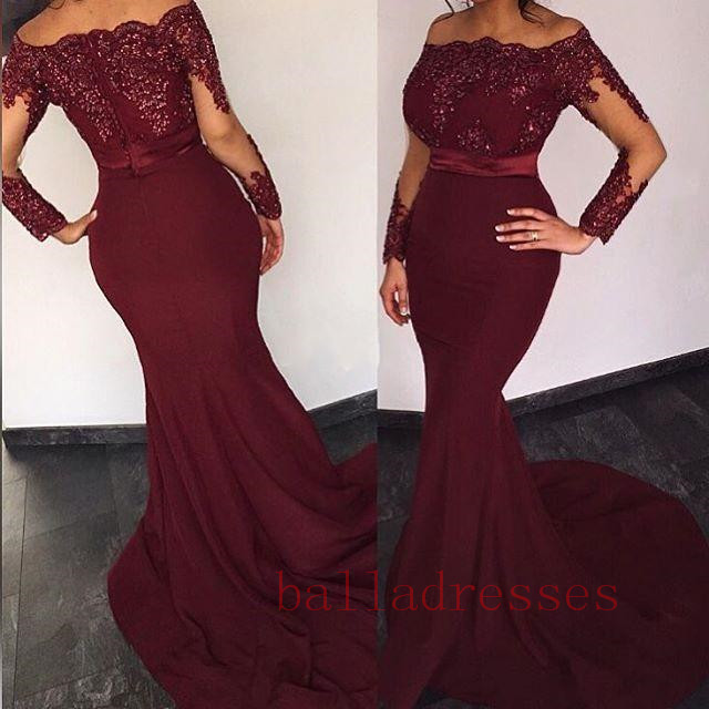 Burgundy Prom Dresses,lace Evening Dress,sexy Prom Dress,prom Dresses With Long Sleeves,charming Prom Gown,open Back Prom Dress,mermaid Fashion