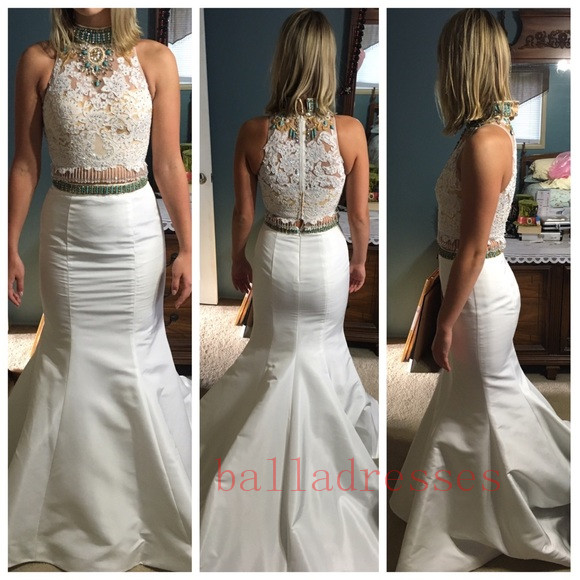 2 Piece Prom Gown,two Piece Prom Dresses,white Lace Evening Gowns,2 Pieces Party Dresses,evening Gowns,straps Formal Dress, Evening Gown For