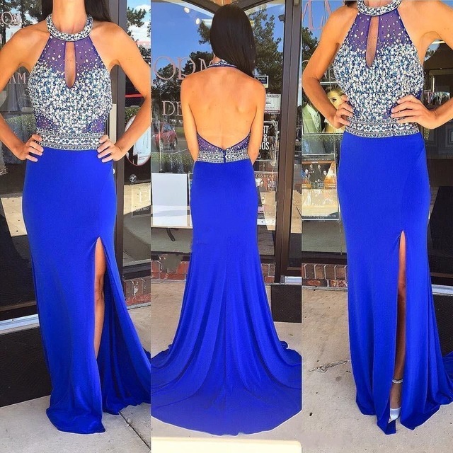 Sexy Halter Mermaid Backless Prom Dresses 2017 Beads Sweep Train Side Slit Party Ball Evening Dress
