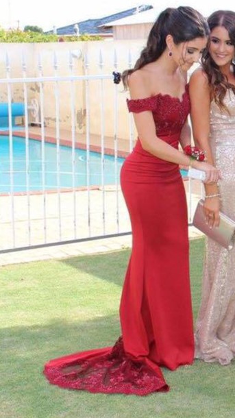 Prom Gown,red Prom Dresses With Lace,off The Shoulder Evening Gowns,mermaid Formal Dresses,red Prom Dresses