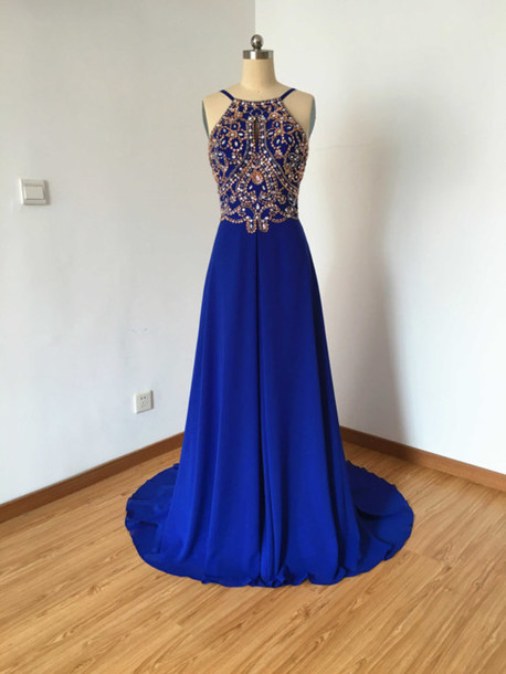 Royal Blue Prom Dresses,royal Blue Prom Dress,silver Beaded Formal Gown,beadings Prom Dresses,evening Gowns,chiffon Formal Gown For Senior Teens