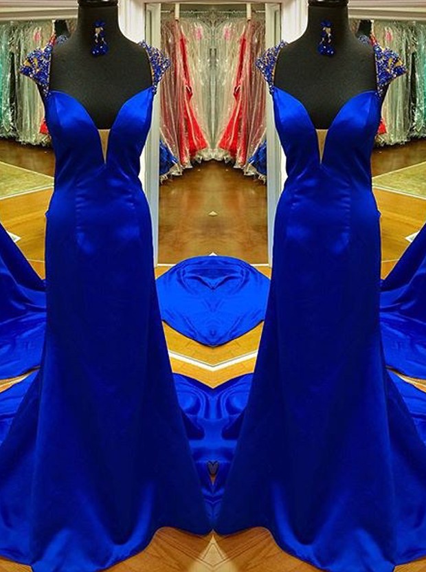 Royal Blue Gorgeous Prom Dress -mermaid V-neck Cap Sleeves With Sequins Party Dress