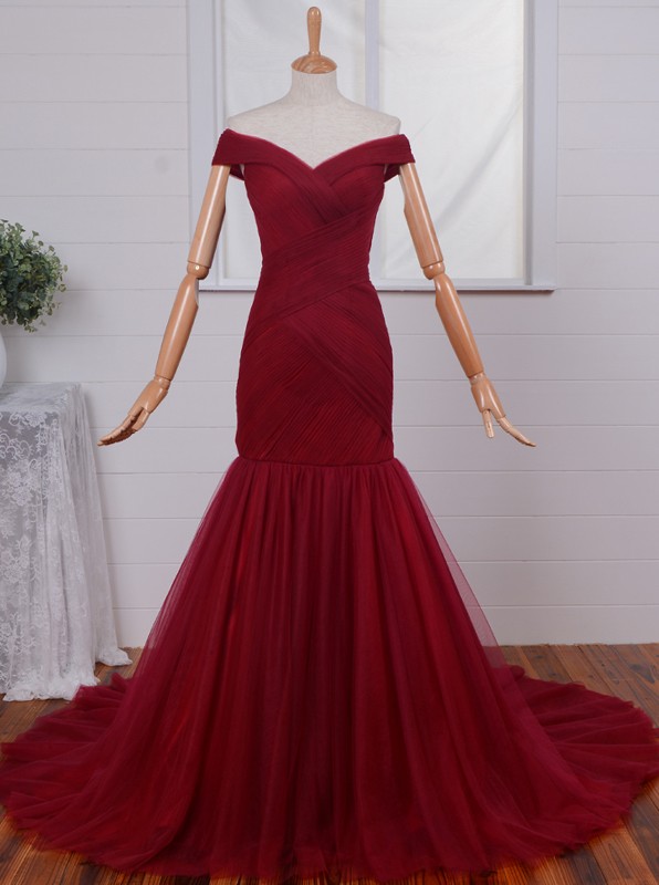 Off-shoulder Ruched Mermaid Prom Dress-dark Red Tulle Long Prom Dress