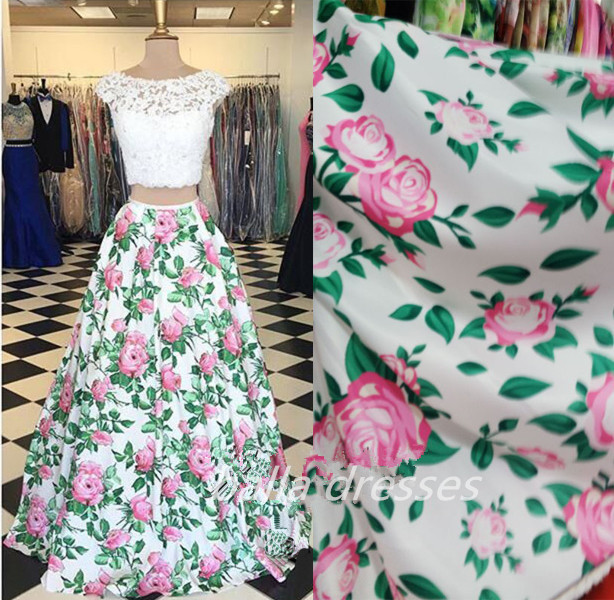 Prom Dress, Printed Flower Long Prom Dress Two Pieces, Open Back Lace Top Prom Dresses ,pretty A-line Evening Dresses