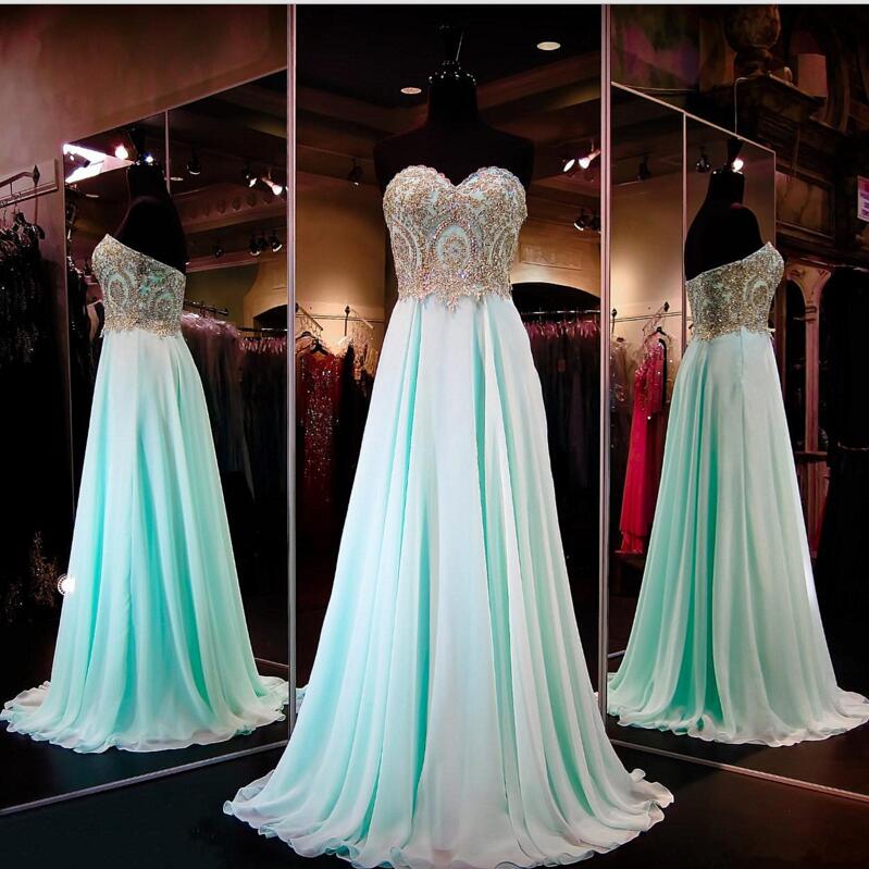 Custom Made Mint Green Sweetheart Neckline Chiffon Full Length Prom Dress With Gold Beading