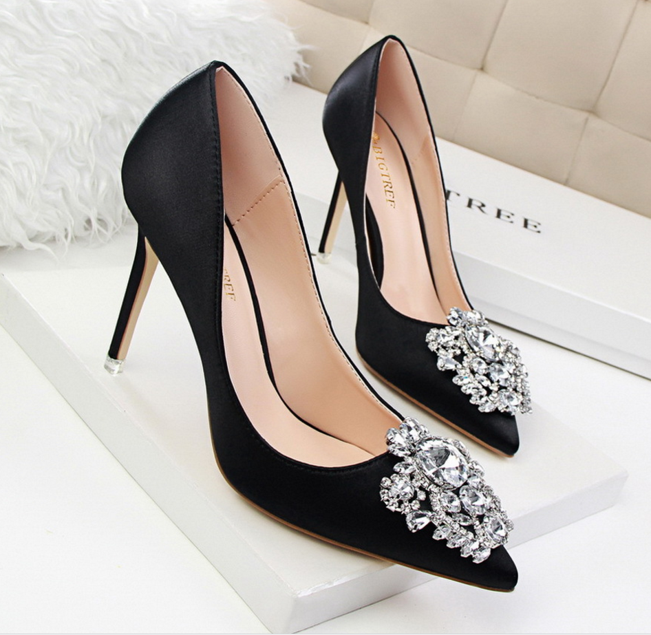 Pointed Toe High Heel Satin Pumps with Crystal Adornments, Prom Heel, Bridal Shoes