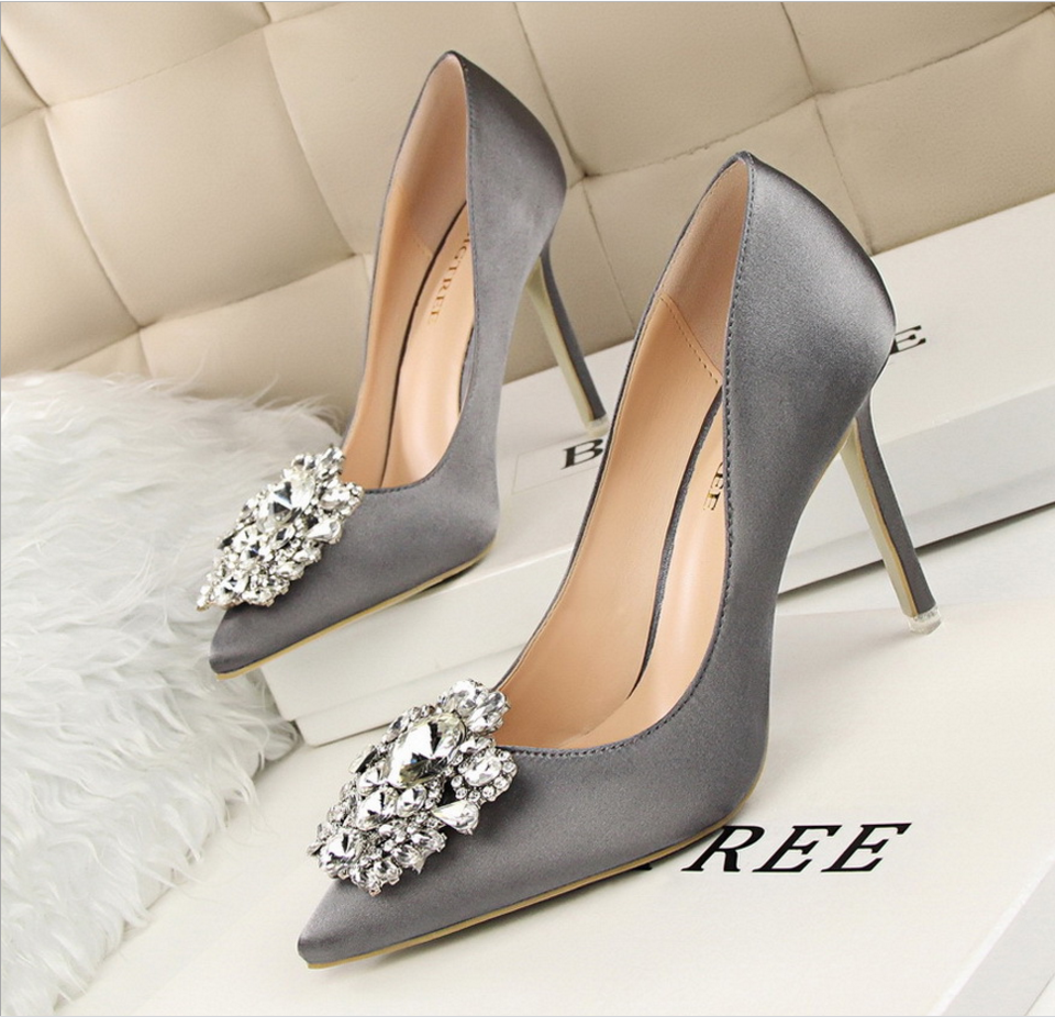 Pointed Toe High Heel Satin Pumps With Crystal Adornments, Prom Heel ...