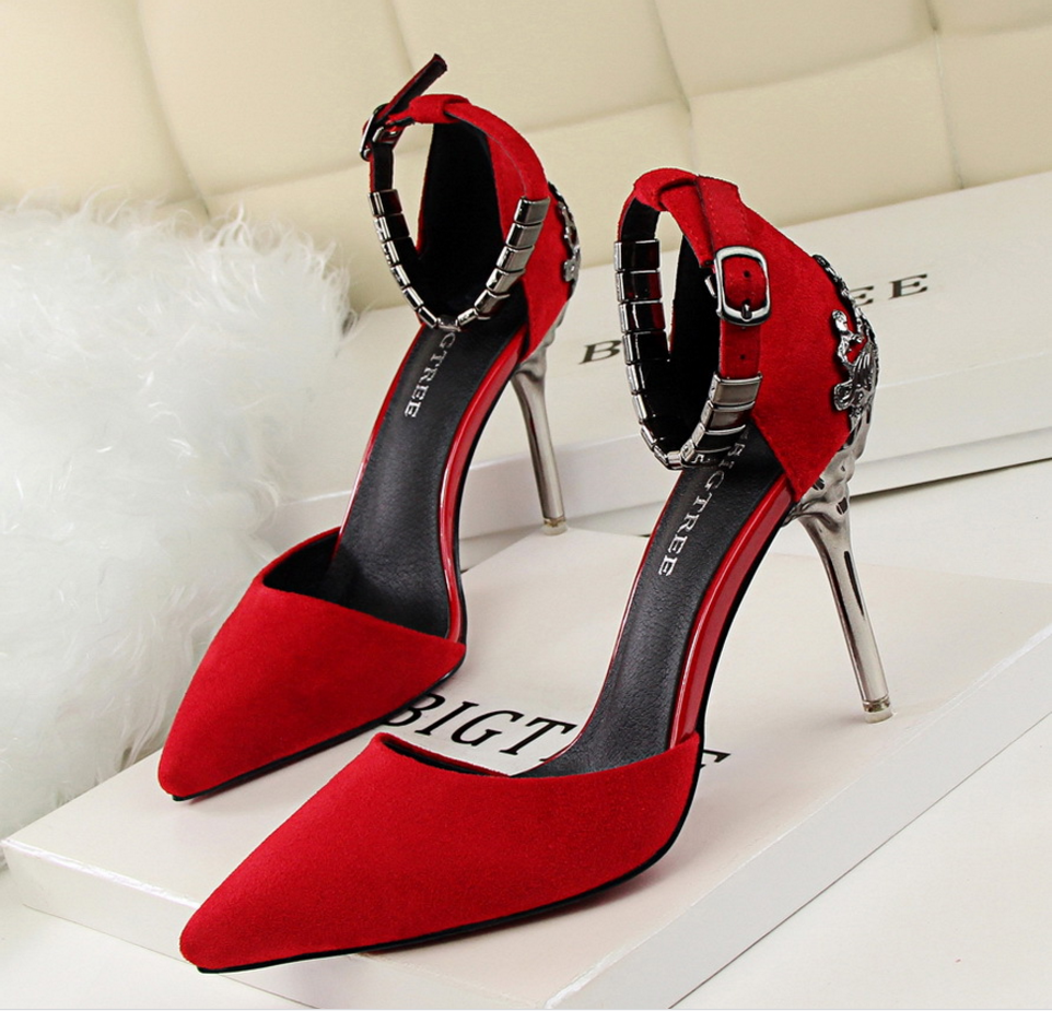 Pointed Toe High Heel Stiletto Pumps With Adjustable Ankle Strap Adorned With Square Metal Beading