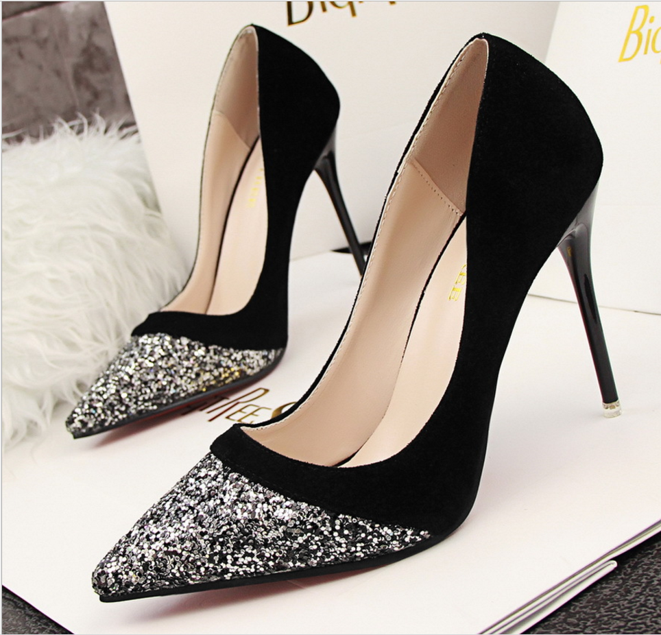 Pointed Toe Glittery High Heel Suede Pumps 