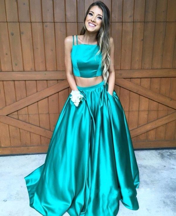 Newest Two Pieces Sweep Train Prom Dresses Sleeveless Straps A-line Satin Formal Evening Gowns