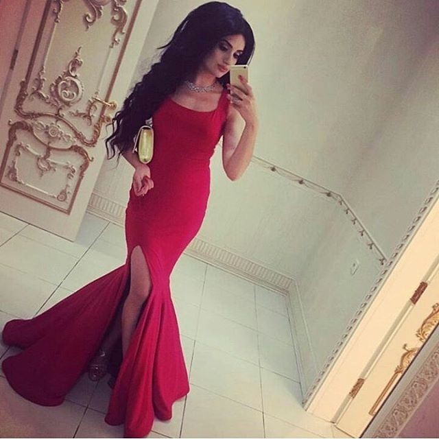 Simple Red Mermaid Square Collar Prom Dresses Sleeveless Long Side-slit Evening Party Gowns Custom