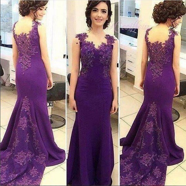 Delicate Appliques Beaded Purple Mermaid Prom Dresses Sleeveless Sweep Train Evening Party Gowns Custom