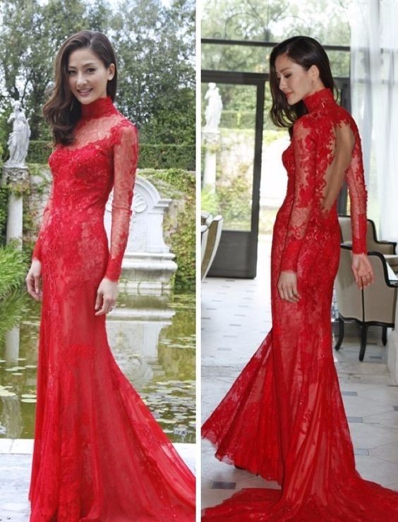 High Neck Lace Mermaid Red Evening Dresses Long Sleeve Backless Sweep Train Wedding Party Gowns