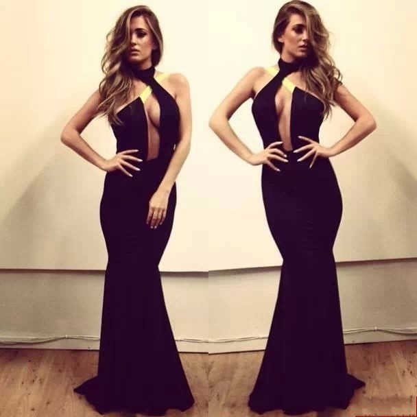 Sexy Halter Mermaid Black Prom Dresses 2016 Sweep Train Evening Party Gowns Custom Made