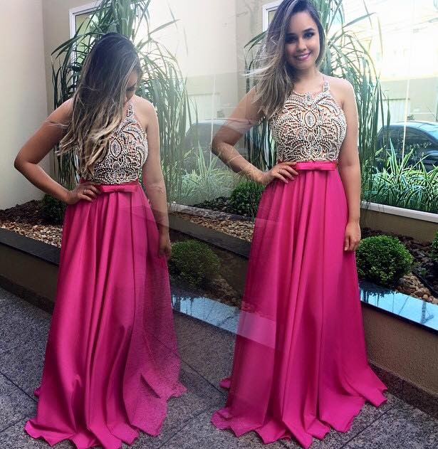 Halter Modern Beadings Fuchsia Satin Prom Dresses 2017 Sleeveless A-line Long Party Evening Gowns