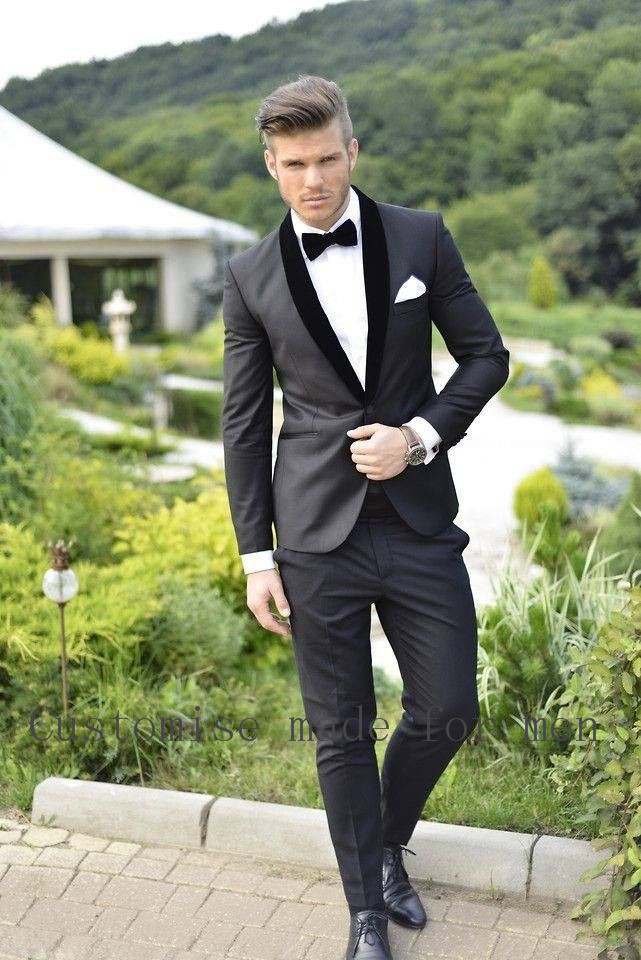 High Quality Custom Made Gray Silm Fit Wedding Suits For Men Groom Tuxedo Shawl Black Mens Suits Wedding Groom Jackets+Vest+Pants