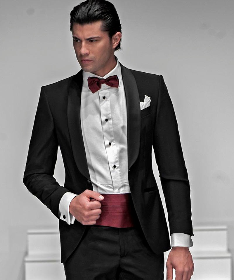 New Arrival Groomsmen Shawl Satin Lapel Groom Tuxedos Black Men Suits Wedding Best Man (Jacket+Pants+Waist sealing)