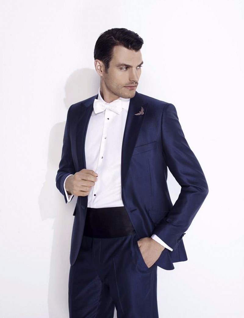 Custom Made Groomsmen Peak Lapel Groom Tuxedos Navy Blue Blue Mens Suits Wedding Best Man ( Jackets+Waist sealing+Pants）