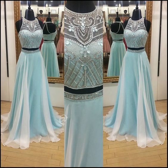 Prom Dresses,light Blue Prom Dress, Prom Gown,2 Pieces Prom Dresses,chiffon Evening Gowns,2 Piece Evening Gown,sparkle Prom Gowns,sparkly Prom