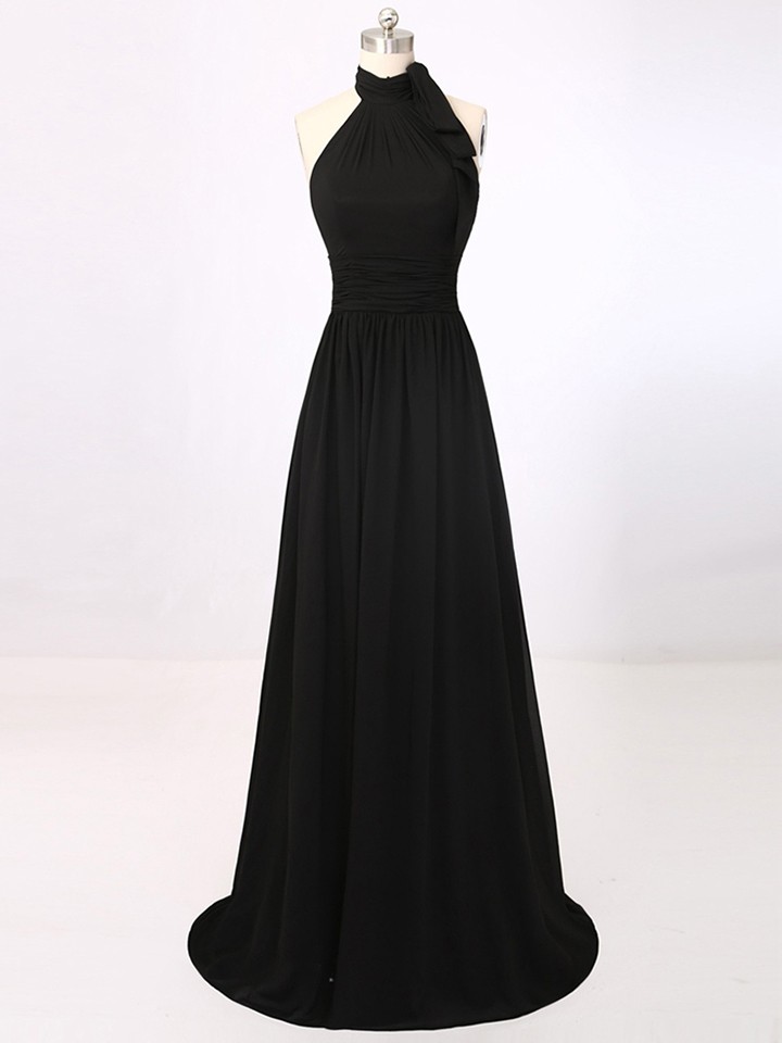 Modest Prom Dresses,sexy Prom Dress, A-line Black Halter Summer Party Dresses Simple Chiffon Long Prom Dress