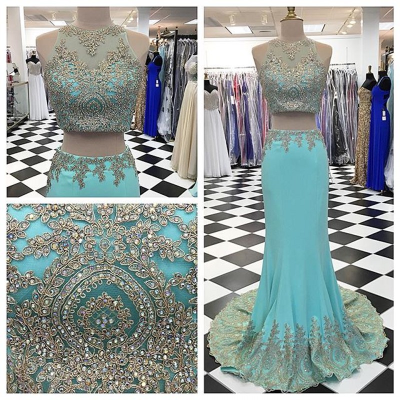 Modest Prom Dresses,sexy Prom Dress, Two Piece Mermaid 2017 Prom Dress Crystal Sleeveless Long Evening Gowns