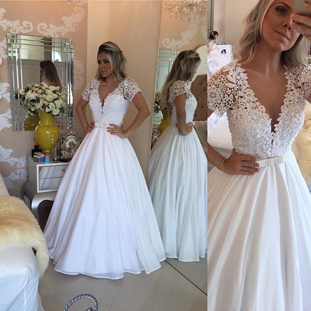 Modest Prom Dresses,sexy Prom Dress,lace Short Sleeves Evening Dress V-neck White Crystal Bowknot Prom Dress