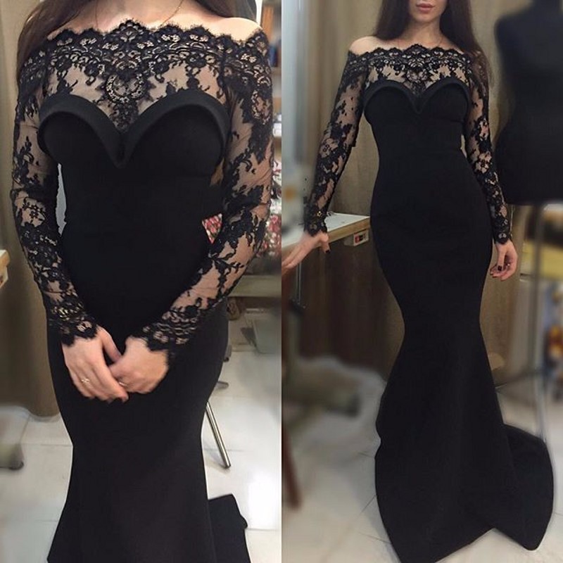 Prom Dress,black Prom Dress, Mermaid Lace Long Evening Dresses,black Lace Off Shoulder Formal Dress,fashion Dress For Girls