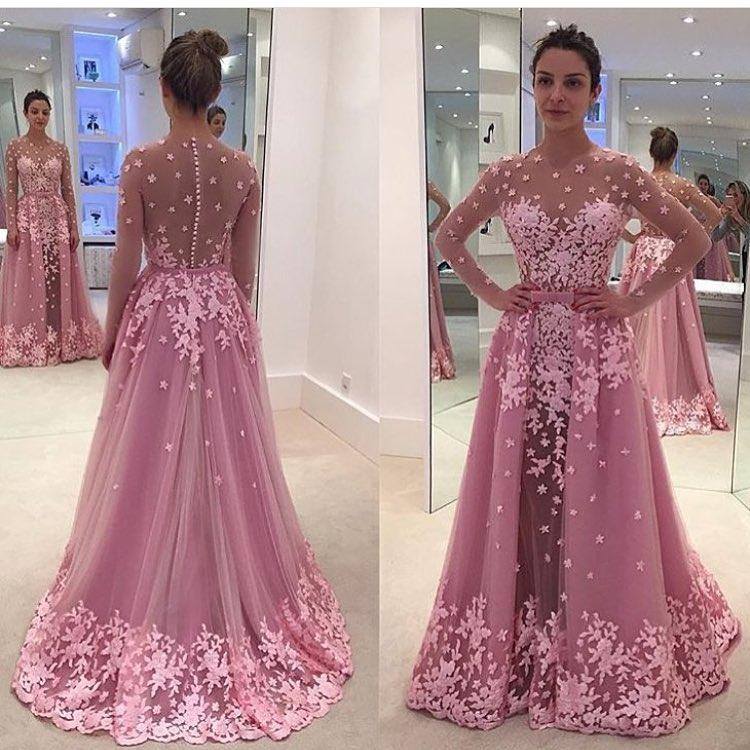 Modest Prom Dresses,sexy Prom Dress,gorgeous 2017 Pink Long Sleeves Lace Appliques Sheer Prom Dresses With Overskirt