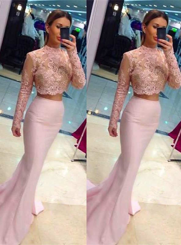 Modest Prom Dresses,sexy Prom Dress,gorgeous Two Piece Prom Dress With Lace Pink Formal Occasion Dresses