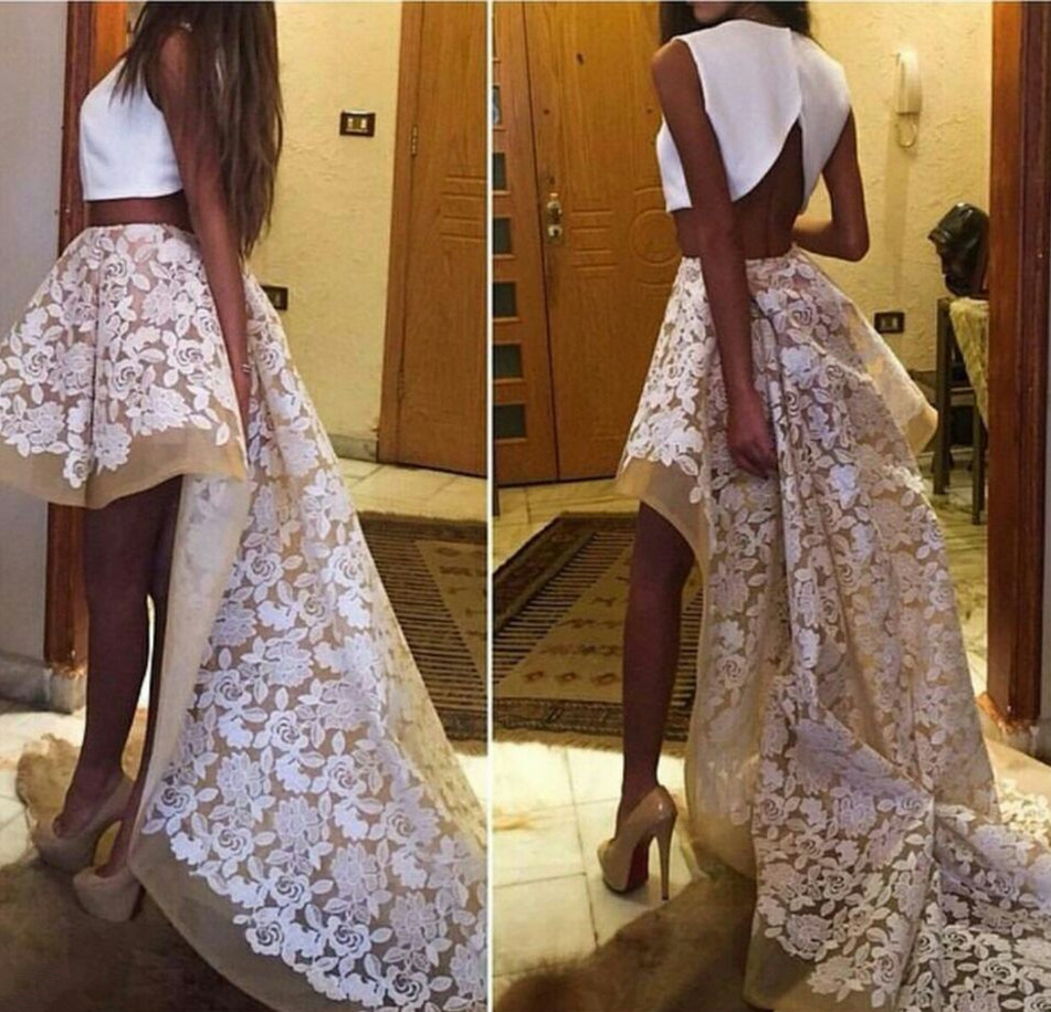 Modest Prom Dresses,sexy Prom Dress, Two Piece Long Prom Dresses High Low Two Piece Lace Party Gowns