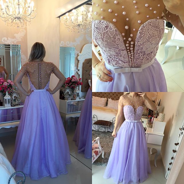 Modest Prom Dresses,sexy Prom Dress,short Sleeve Lavender Lace Prom Dress With Beadings Floor Length Prom Dresses