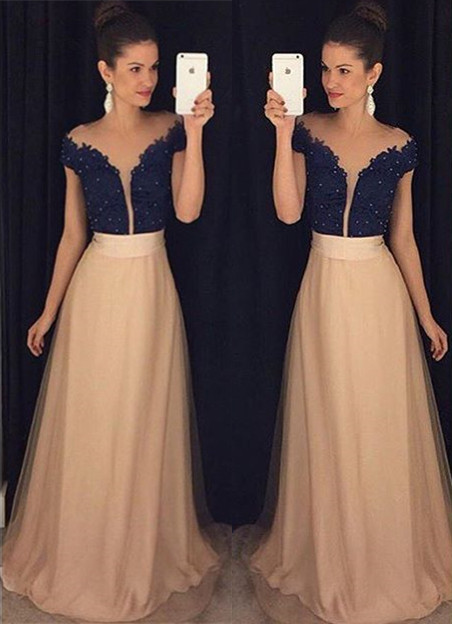 Modest Prom Dresses,sexy Prom Dress, Short Sleeve Lace Prom Dress With Beading Custom Made A-line Evening Gown