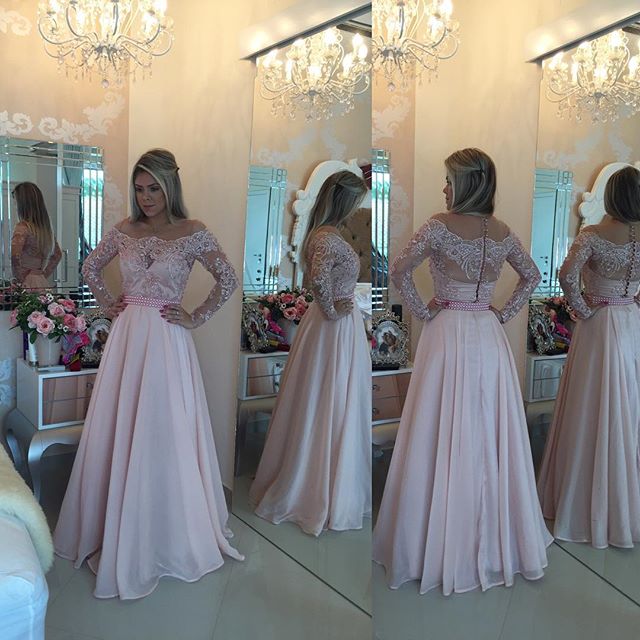 Prom Dresses,prom Dress,sparkly Pink Long Sleeve Evening Gown A-line Lace Chiffon Prom Dress