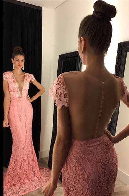Prom Dresses,prom Dress,mermaid Lace Plunging Neck Prom Dress Sexy Long Evening Gown